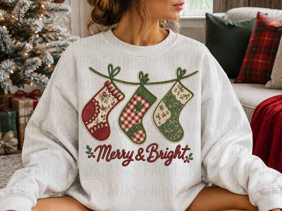 Merry & Bright Faux Embroidery Stocking #7290 - Ready to Press DTF Transfer Full Color