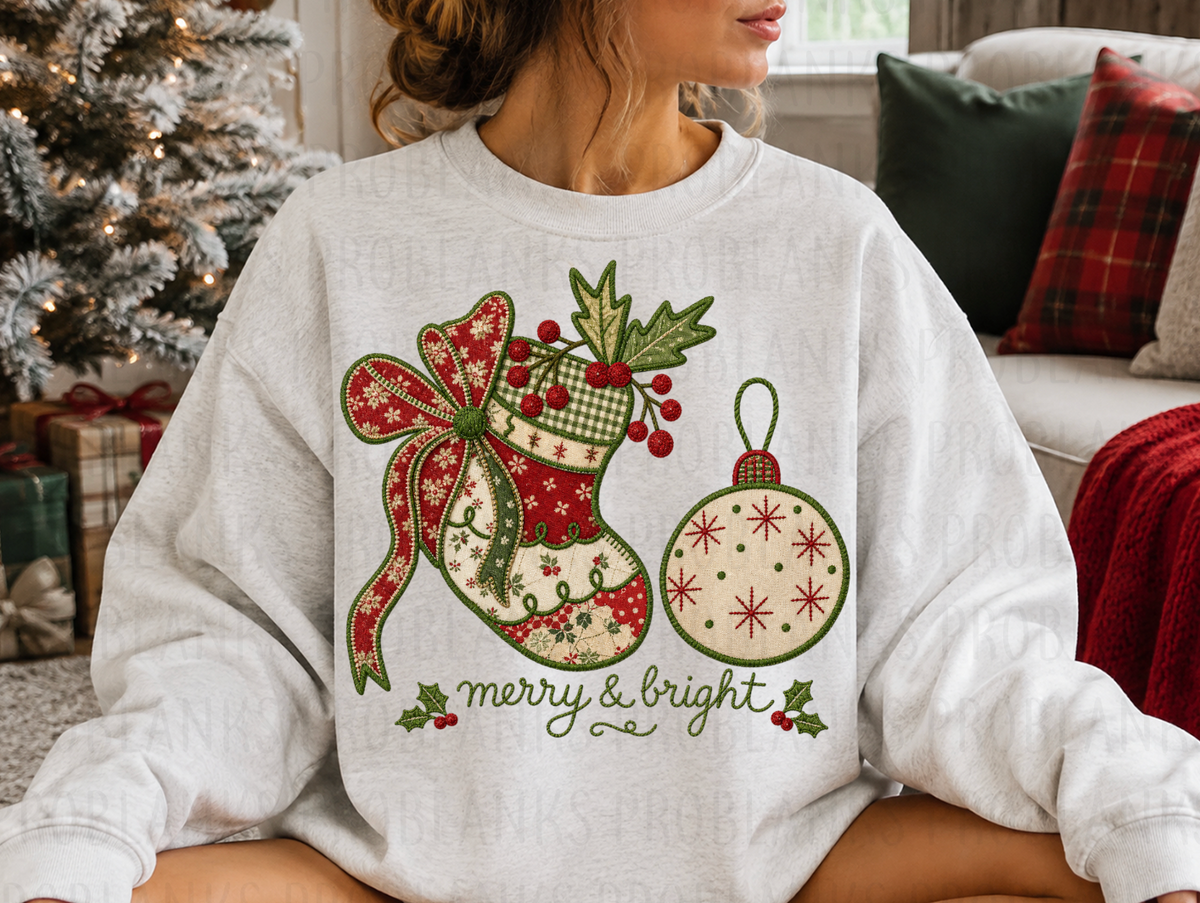 Merry & Bright Stocking / Ornament #7289 - Ready to Press DTF Transfer Full Color