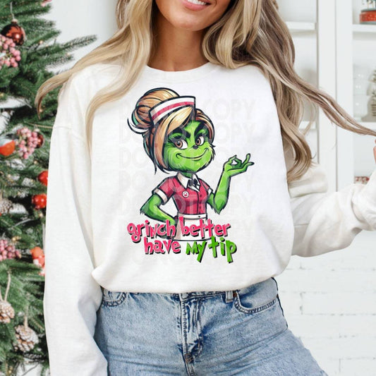 Waitress Grinch #1219 - Ready to Press DTF Transfer Full Color - Pro Blanks
