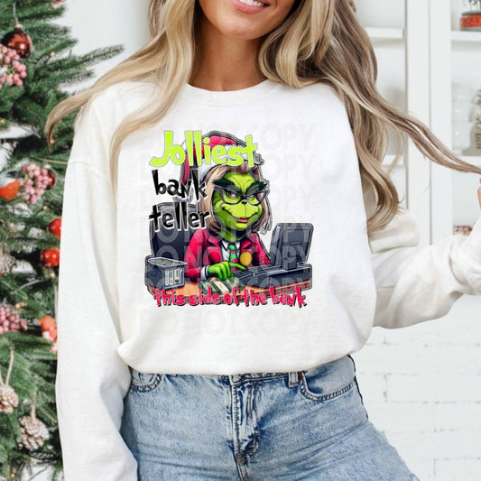 Woman Bank Teller Grinch #1215 - Ready to Press DTF Transfer Full Color - Pro Blanks